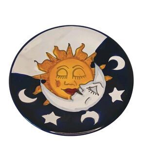 Celestial Moon & Sun Sleeping Round Plate Trinket Dish Talavera Blue Yellow 6.5"